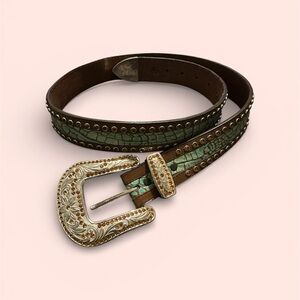 Stylish Green and Brown Belt with Decorative Buckle